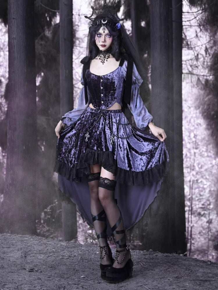 Gothic Velvet Balloon Sleeve Shoulder Ribbon Blouse【s0000003865】
