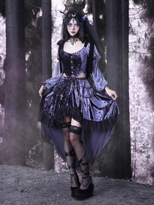 Gothic Velvet Balloon Sleeve Shoulder Ribbon Blouse【s0000003865】