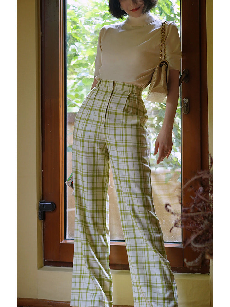 Yellow-green plaid wide-leg pants