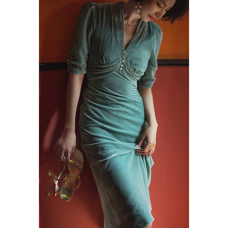 light blue lady velvet dress