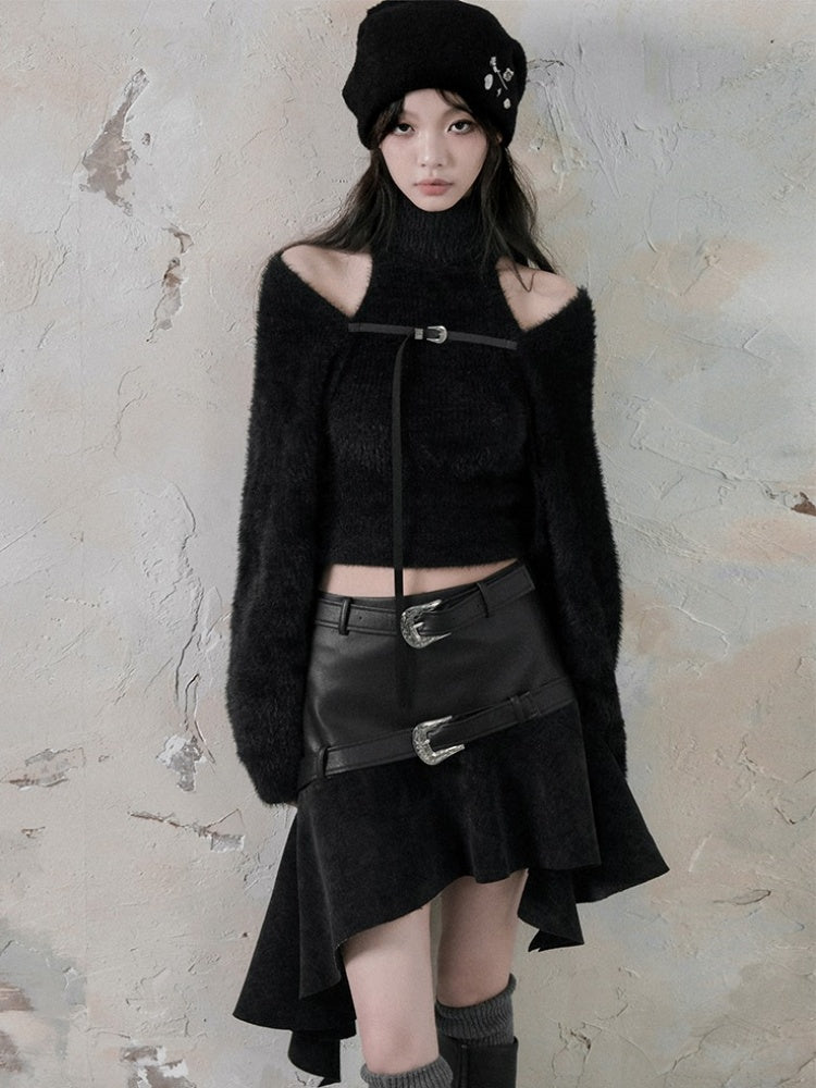Belt Accent Irregular PU Leather Switching Mini Skirt【s0000004401】