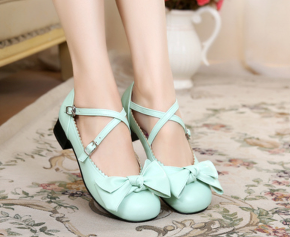 Sosic - Bow and Low Heel Cross Band Lolita Leather Shoes