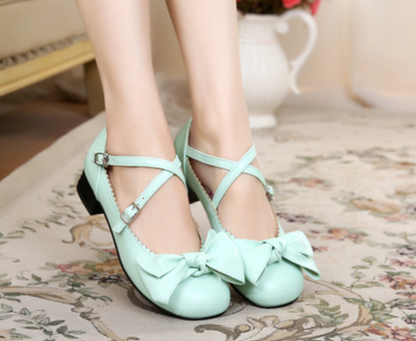 Sosic - Bow and Low Heel Cross Band Lolita Leather Shoes
