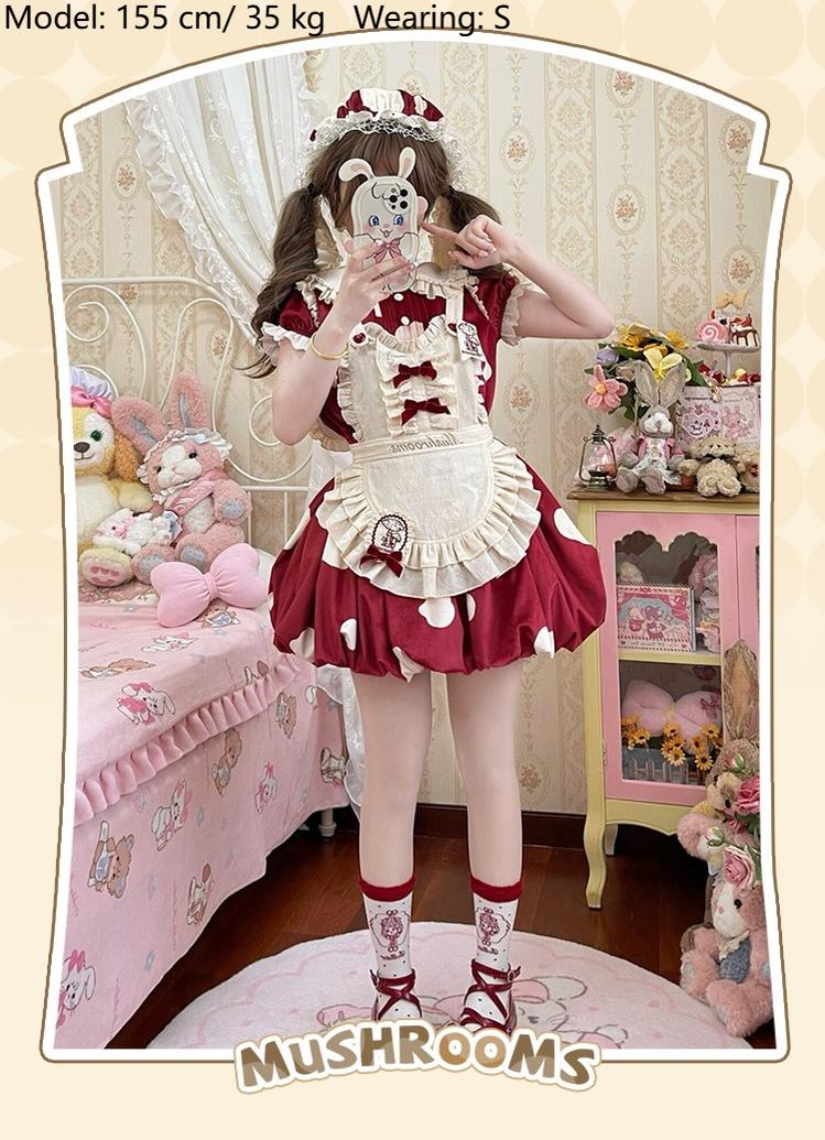 Sakurahime - Mushroom - Kawaii Lolita OP Dress with Apron and Detachable Sleeves