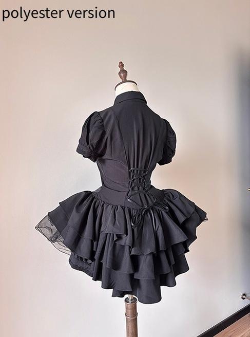FlowerFairyDaily - Midnight Prayer - Solid Lolita Shirt with Flowing Tiered Back Hem