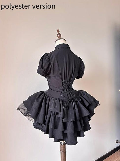 FlowerFairyDaily - Midnight Prayer - Solid Lolita Shirt with Flowing Tiered Back Hem