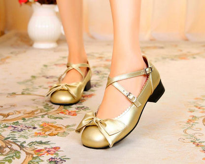 Sosic - Bow and Low Heel Cross Band Lolita Leather Shoes