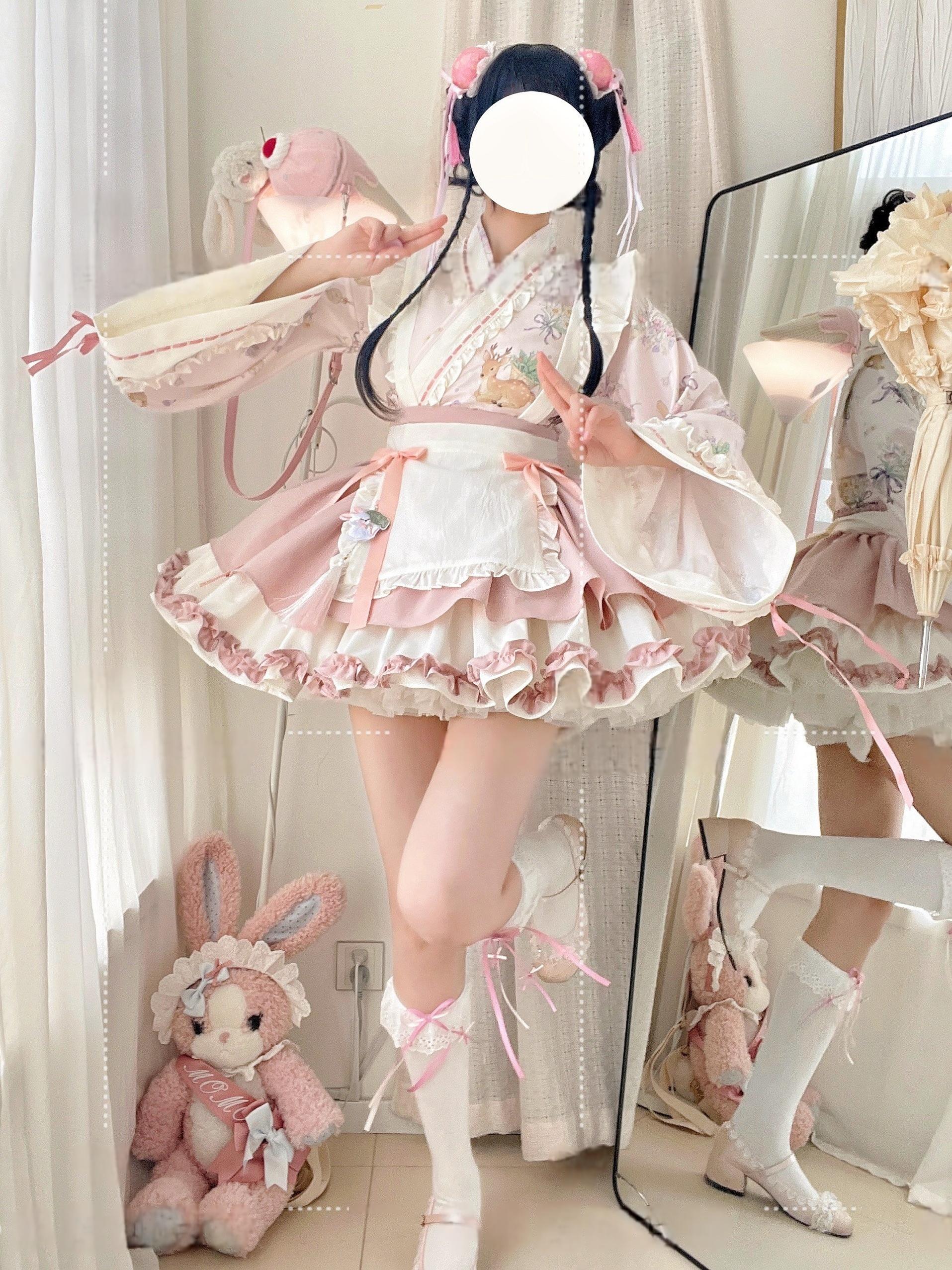 Qianmu - Little Herbalist - Han Lolita Skirt Outfit with Cross-collar Blouse and Apron