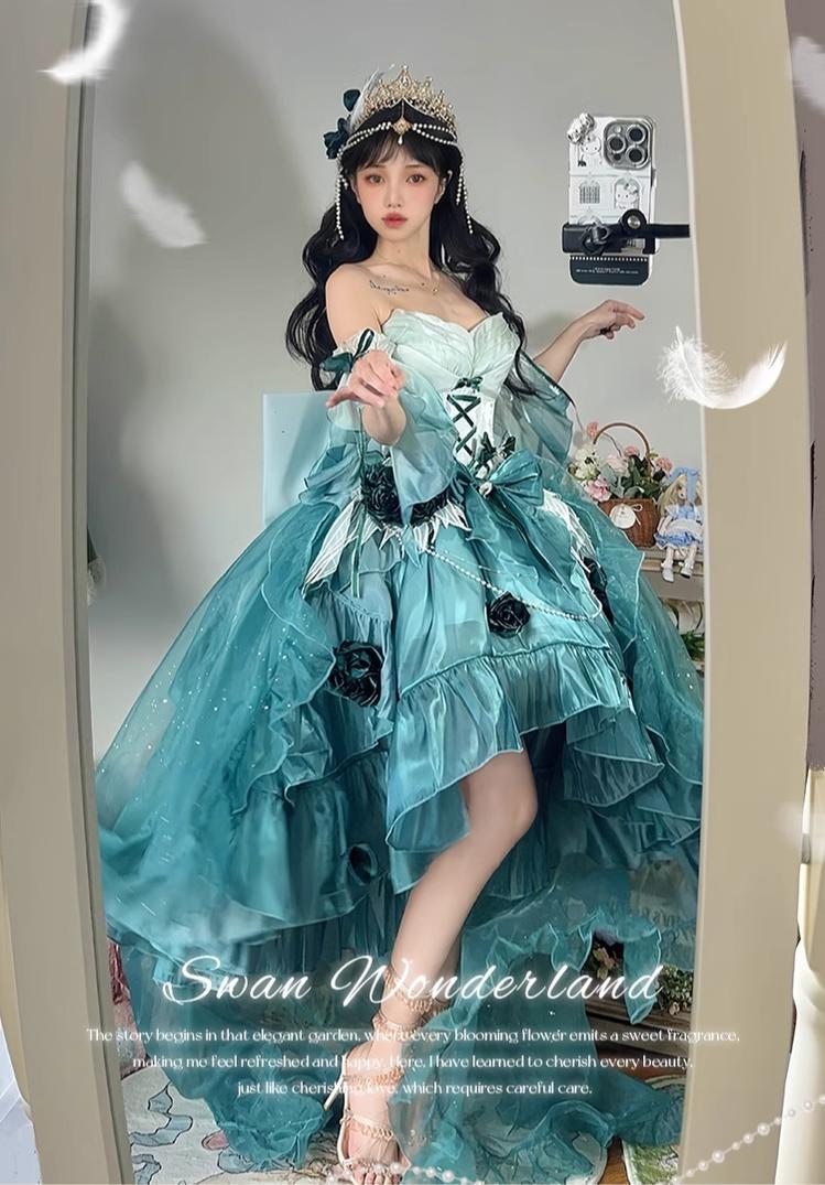 Meowing and Fruity - Swan Wonderland - Fairy Lolita JSK with High-Low Hem