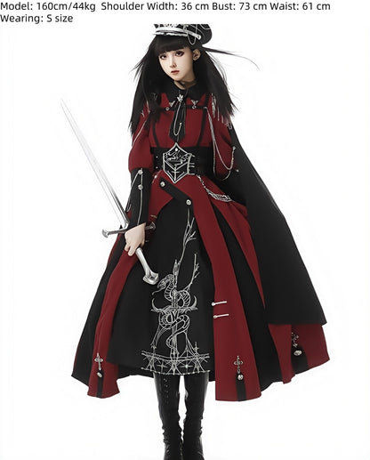 CHUNLV LOLITA - Crimson Knight - Military Lolita Dress Outfit Red OP Black Cloak Waistband