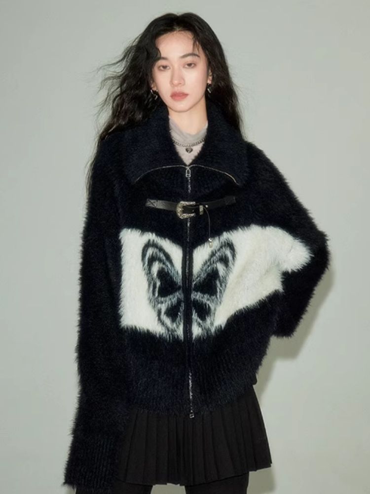 Vintage Butterfly Pattern Faux Mink Knit Cardigan【s0000004864】