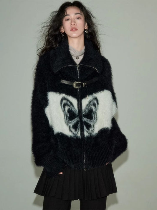 Vintage Butterfly Pattern Faux Mink Knit Cardigan【s0000004864】