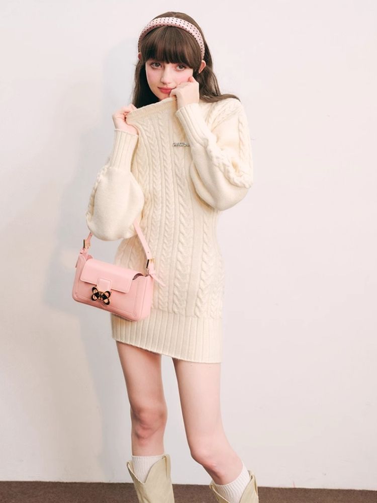 Warm Plush Slim Waisted Long Sleeve Knit Dress【s0000004441】