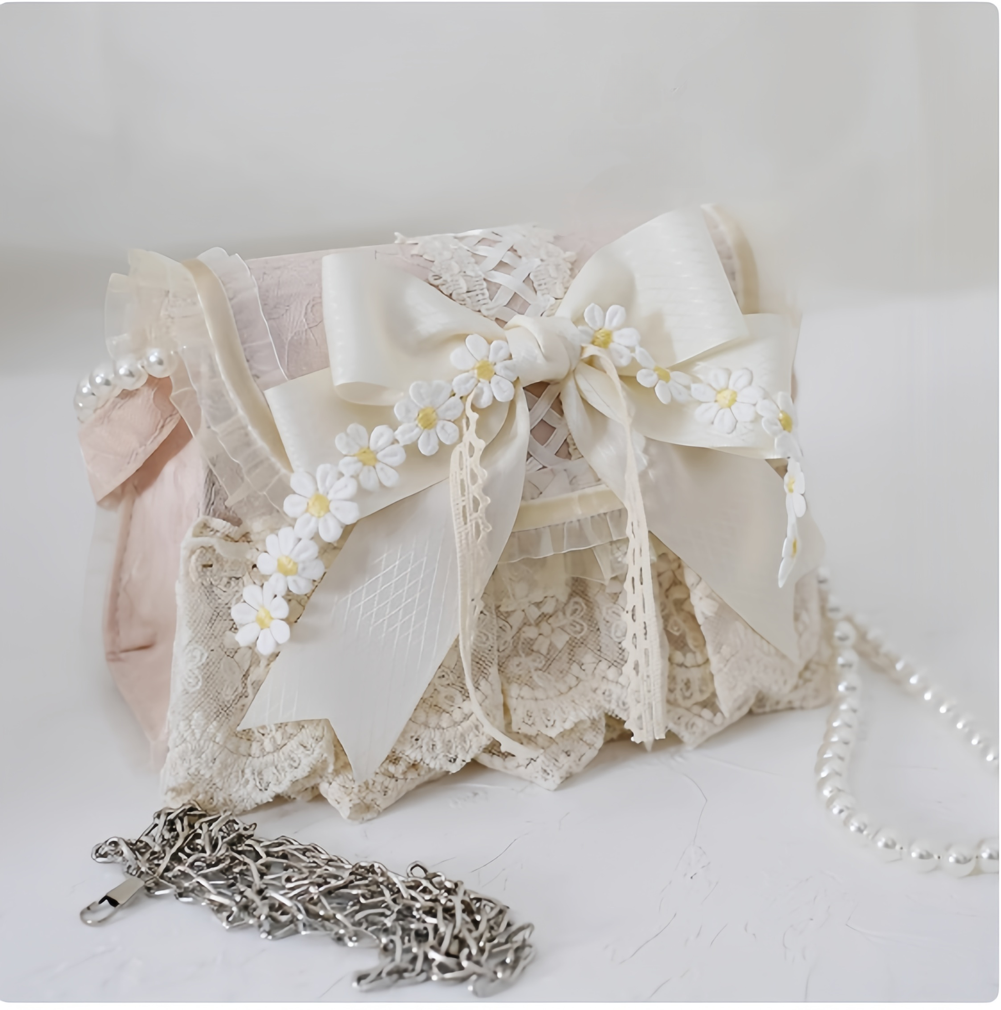 Xiaogui - Elegant Lolita Bag Daisy Pearl Chain Lace Handbag