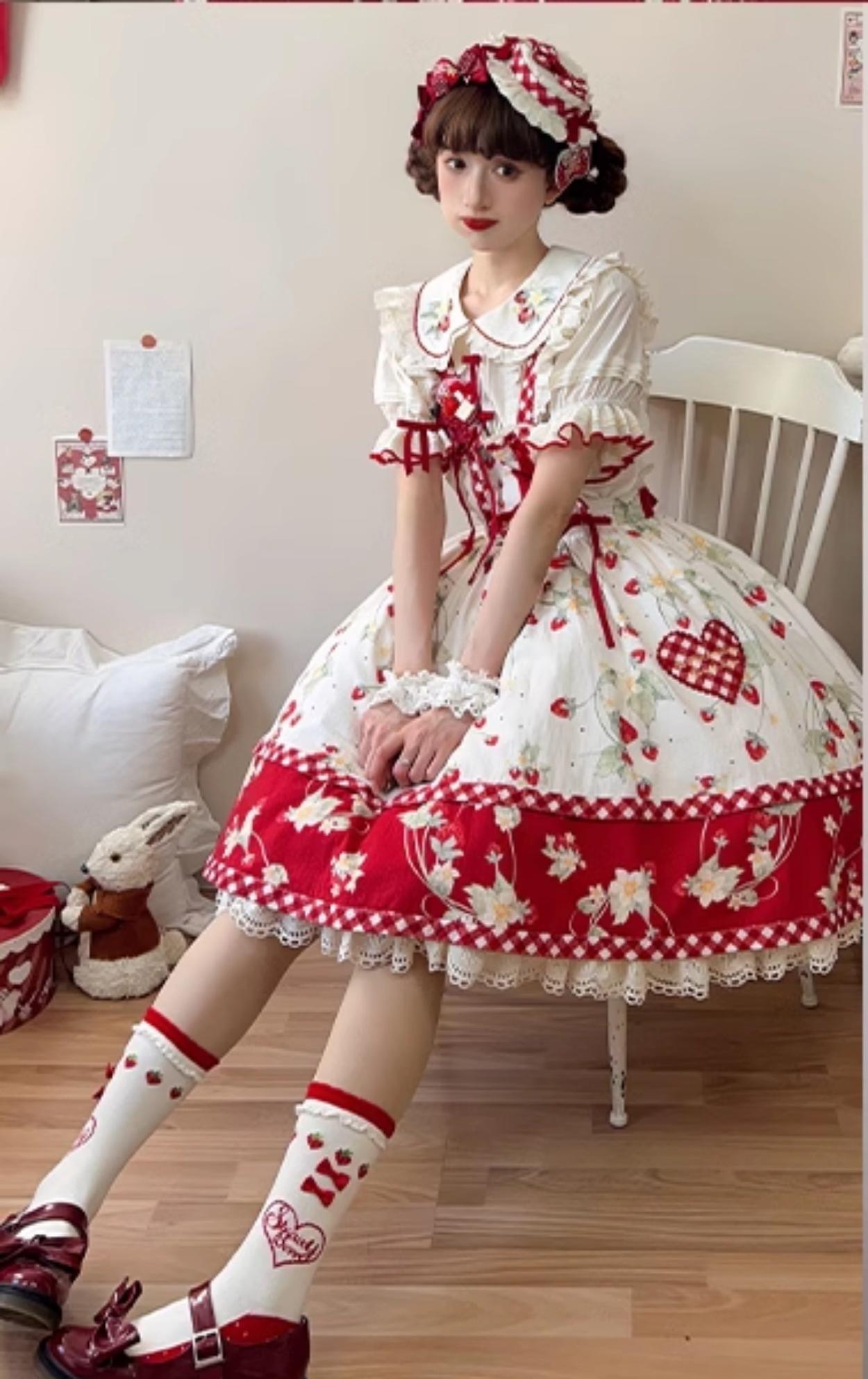 Piggy Bun - Sweet Lolita Shirt Strawberry Embroidery Ivory Blouse