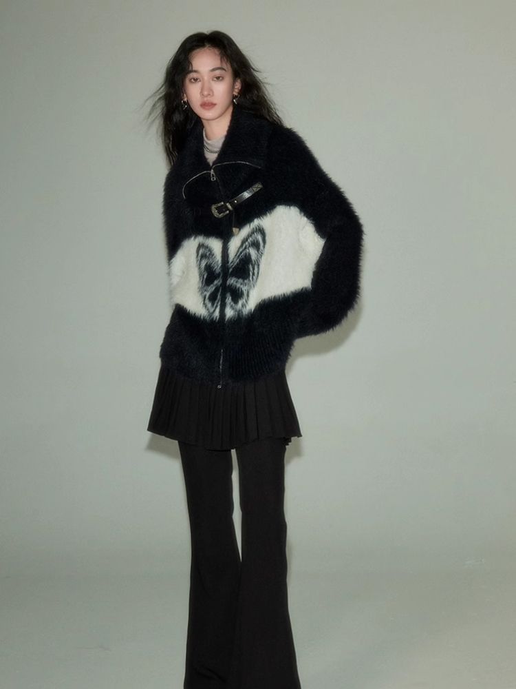 Vintage Butterfly Pattern Faux Mink Knit Cardigan【s0000004864】