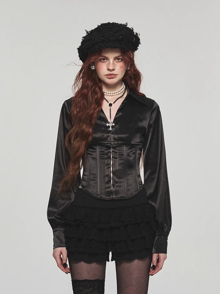 Satin waist slim short shirt【s0000004116】