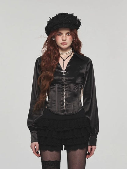 Satin waist slim short shirt【s0000004116】