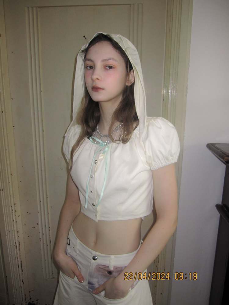 Bunny Ears Hooded Puff Sleeve Short Tops【s0000009033】