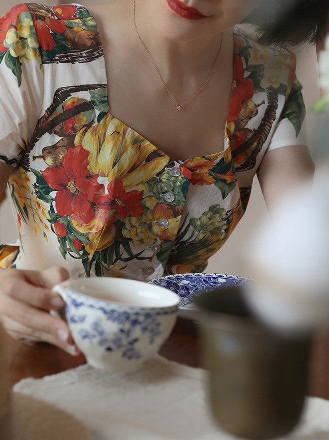 Wisteria yellow and red orange flower pattern vintage dress