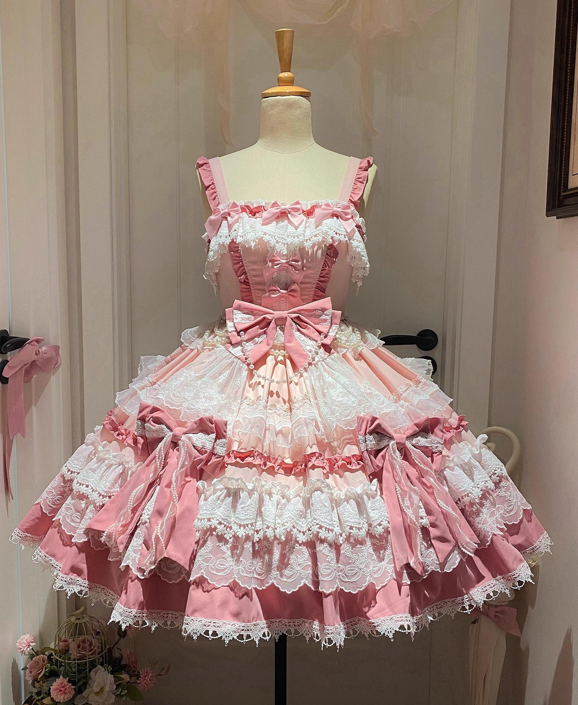 Qianmu - Girl's Secret - Pink Sweet Lolita JSK Dress with Lace and Bow Trailing
