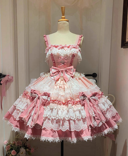 Qianmu - Girl's Secret - Pink Sweet Lolita JSK Dress with Lace and Bow Trailing