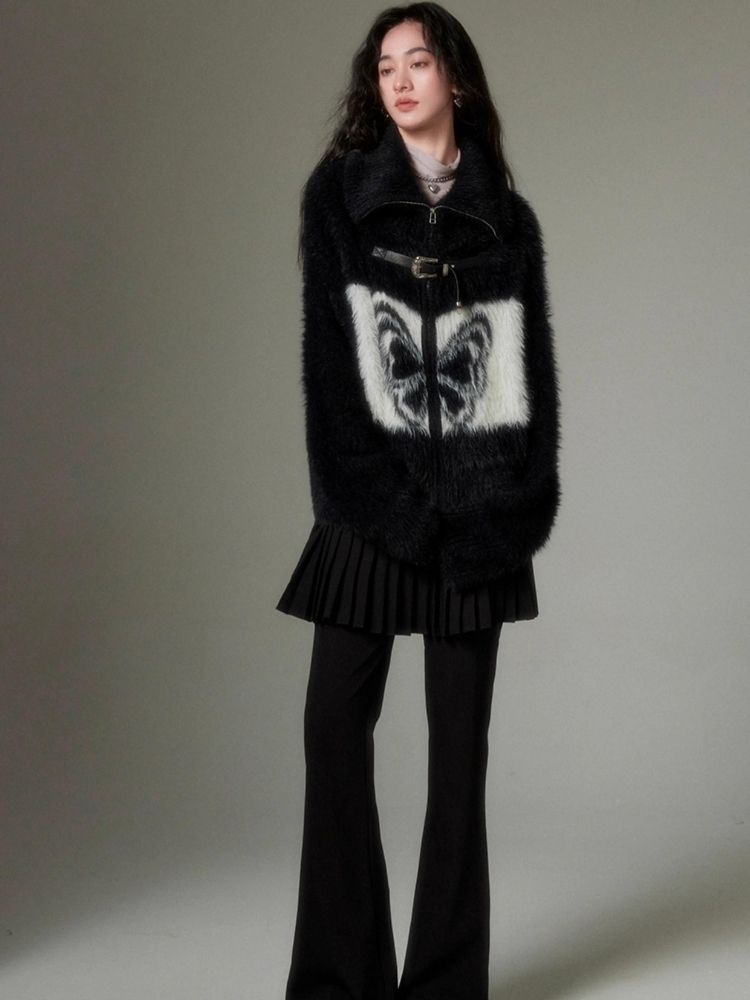 Vintage Butterfly Pattern Faux Mink Knit Cardigan【s0000004864】