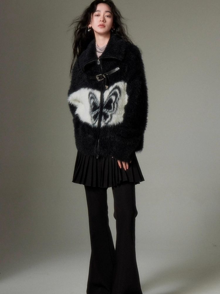 Vintage Butterfly Pattern Faux Mink Knit Cardigan【s0000004864】