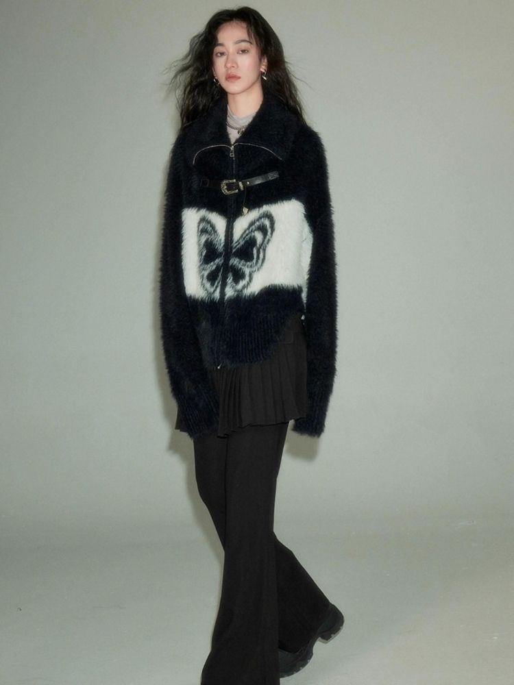 Vintage Butterfly Pattern Faux Mink Knit Cardigan【s0000004864】