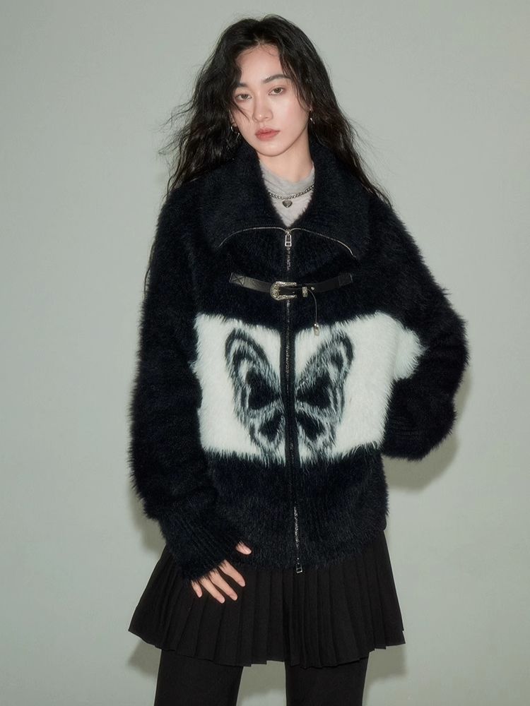 Vintage Butterfly Pattern Faux Mink Knit Cardigan【s0000004864】