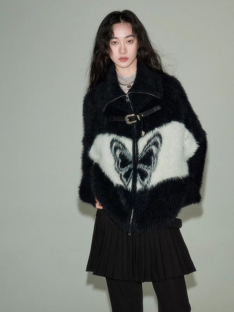 Vintage Butterfly Pattern Faux Mink Knit Cardigan【s0000004864】