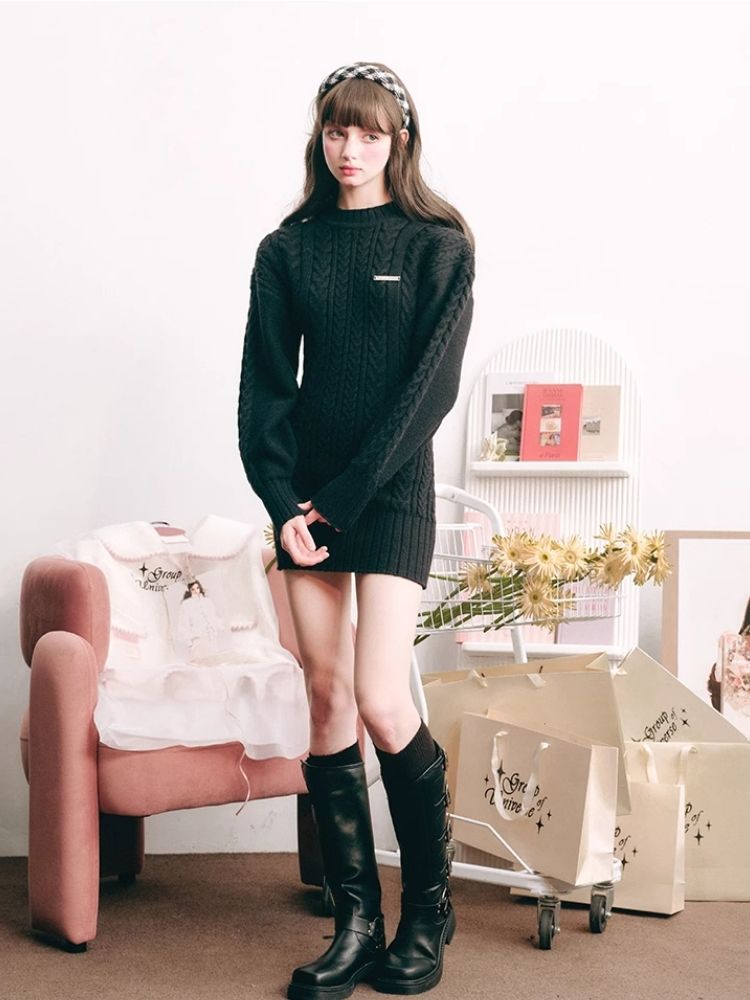 Warm Plush Slim Waisted Long Sleeve Knit Dress【s0000004441】