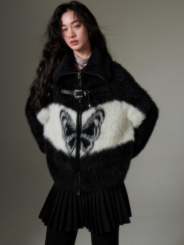 Vintage Butterfly Pattern Faux Mink Knit Cardigan【s0000004864】