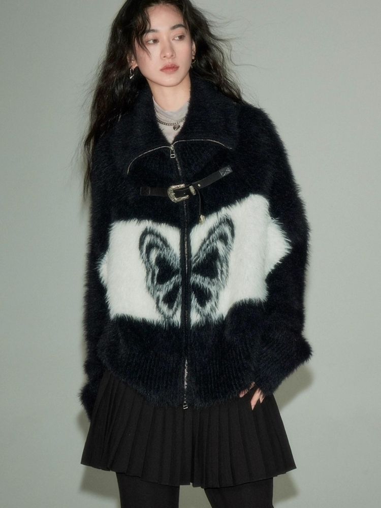 Vintage Butterfly Pattern Faux Mink Knit Cardigan【s0000004864】