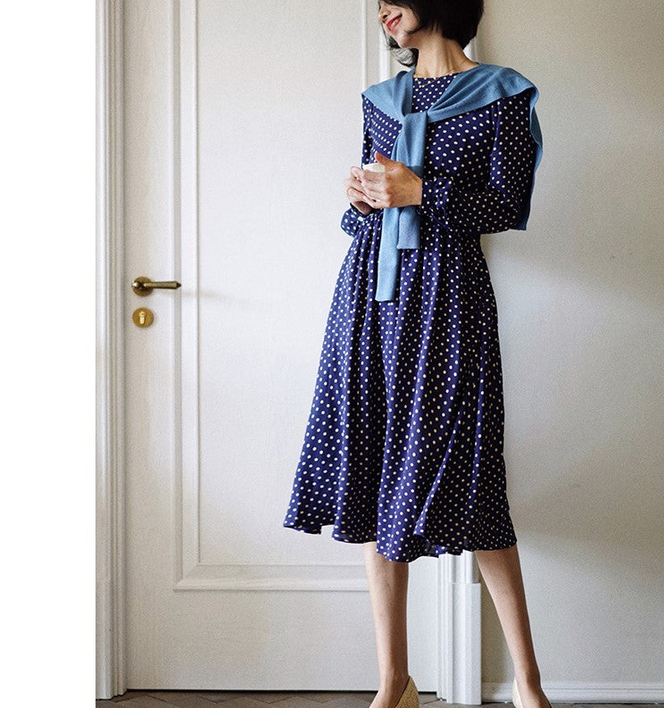 Lapis navy blue polka dot vintage dress