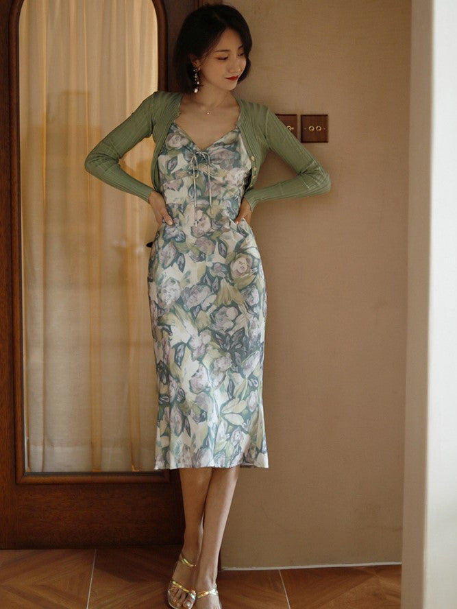 Celadon Flower Pattern Retro Strap Dress