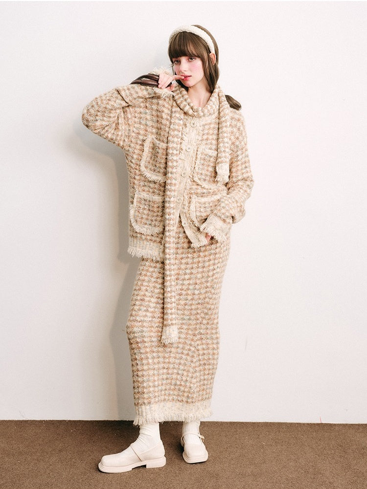 Knitted Fringe Cardigan Jacket With Stole ＆ Long Skirt【s0000003854】
