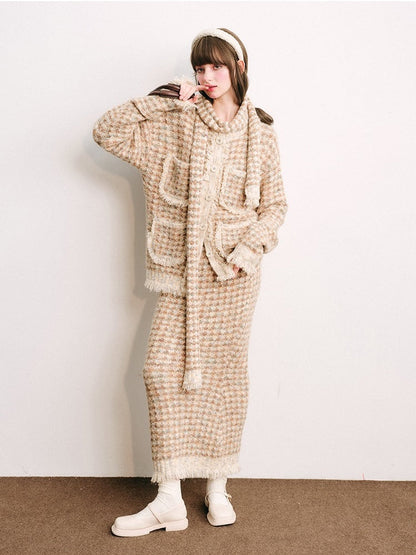 Knitted Fringe Cardigan Jacket With Stole ＆ Long Skirt【s0000003854】