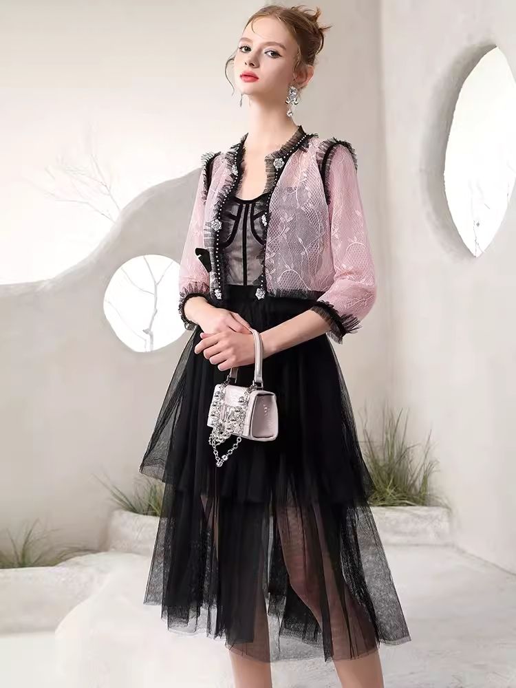Black Pink Clashing Jacket Niche Design Halter Dresses【s0000006821】