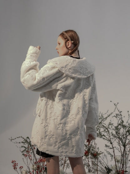 Embroidery Flower Lace Faux Fur Long Coat【s0000003855】