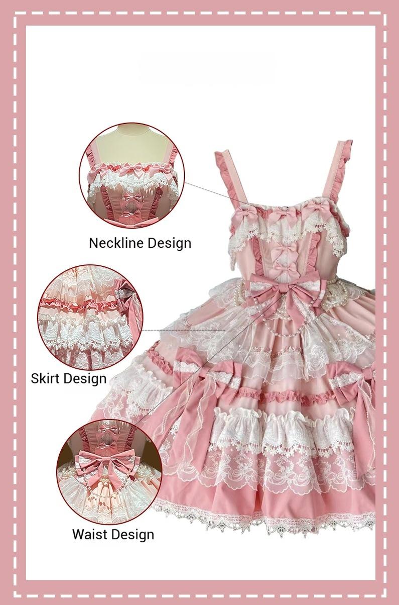 Qianmu - Girl's Secret - Pink Sweet Lolita JSK Dress with Lace and Bow Trailing