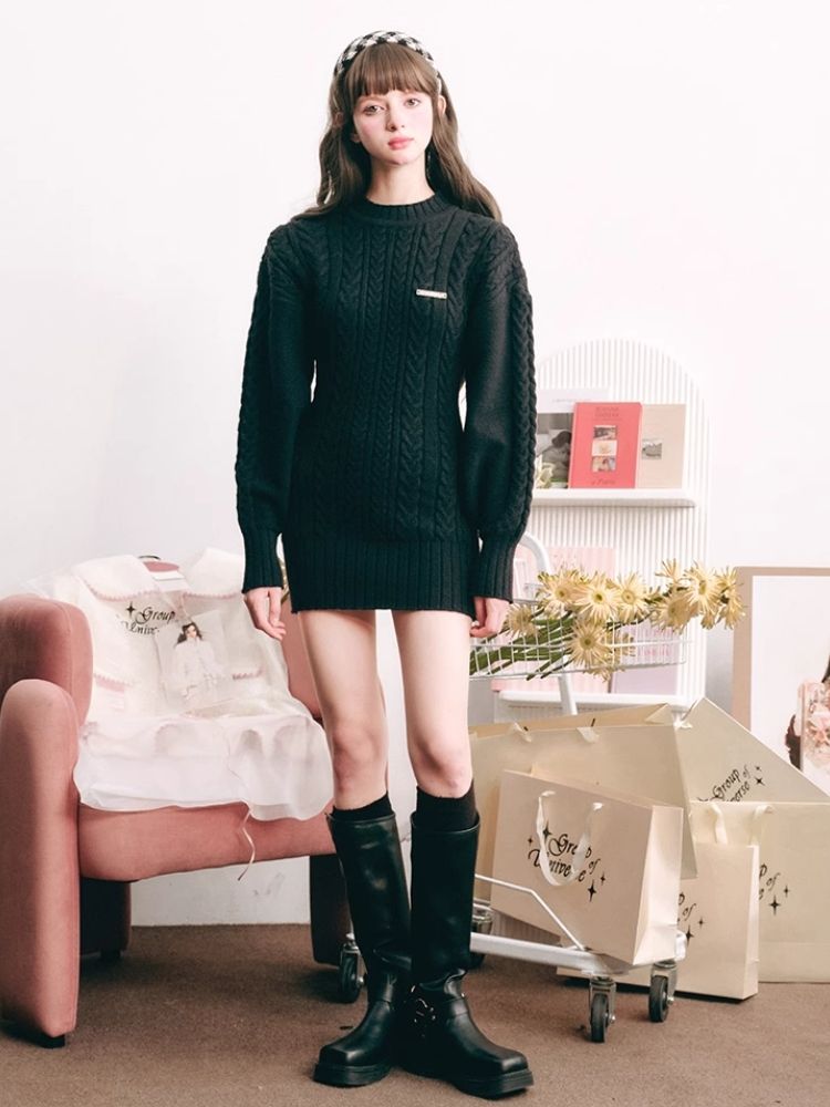 Warm Plush Slim Waisted Long Sleeve Knit Dress【s0000004441】