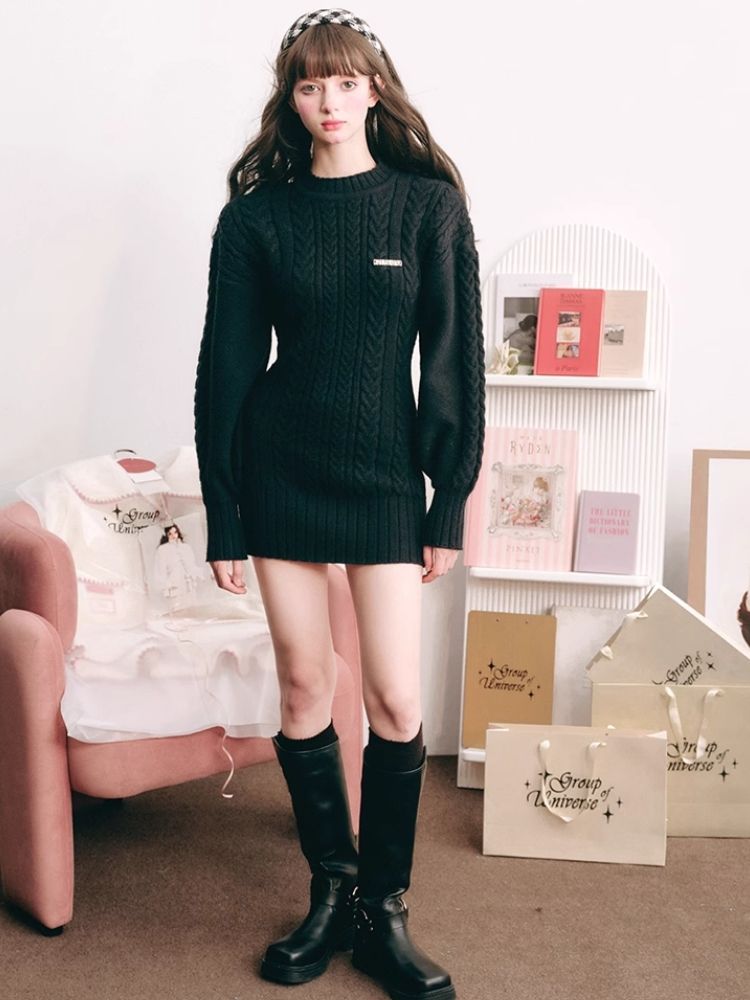 Warm Plush Slim Waisted Long Sleeve Knit Dress【s0000004441】