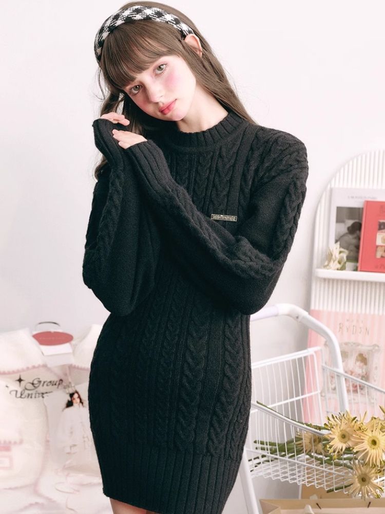 Warm Plush Slim Waisted Long Sleeve Knit Dress【s0000004441】