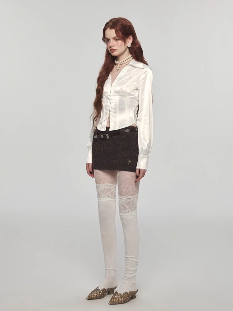 Satin waist slim short shirt【s0000004116】