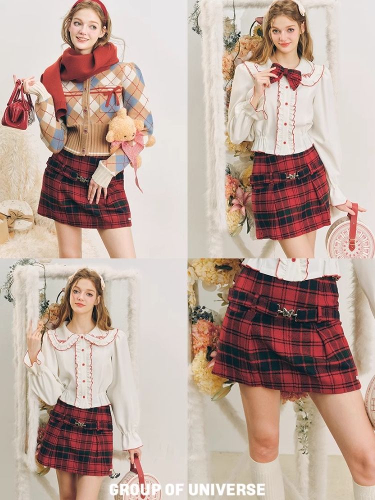 Christmas red wool plaid skirt tweed bustier【s0000004607】