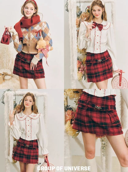 Christmas red wool plaid skirt tweed bustier【s0000004607】