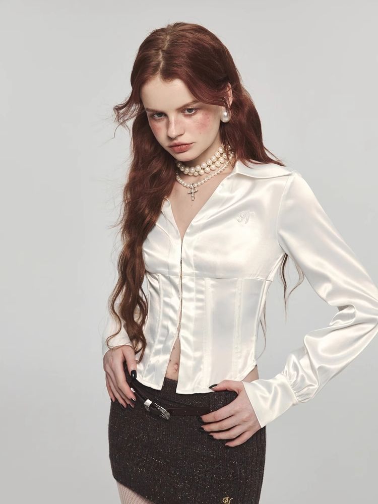 Satin waist slim short shirt【s0000004116】