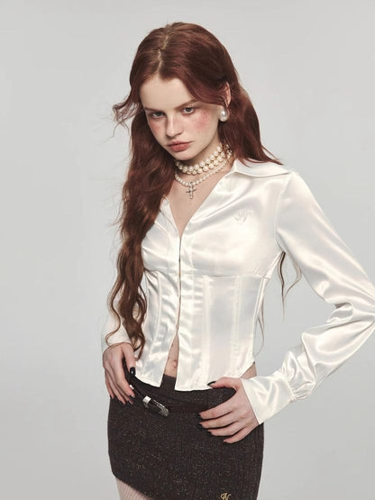 Satin waist slim short shirt【s0000004116】