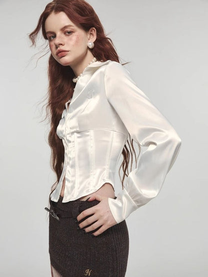 Satin waist slim short shirt【s0000004116】